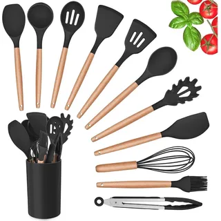 Silikon Küchenhelfer Set mit Holzgriff, 12-teilig, Hitzebeständig, Schwarz