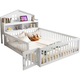 Kinderbett mit Lattenrost und Zaun, 140x200 cm, Rausfallschutz, Stauraum, Jugendbett, Holzbett, Kiefer - Weiß