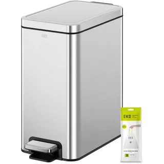 EKO 10 Liter Stella Slim Step Mülleimer, Fingerabdruckresistenter Edelstahl Treteimer mit herausnehmbarem Inneneinsatz (Silber)