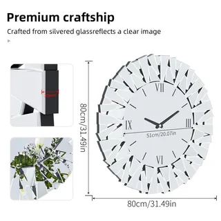Große runde Spiegel-Wanduhr - 80 cm Glas-Wanduhr - 3D facettierter Rand - Moderne Dekoration für Wohnzimmer und Kamin - Silber