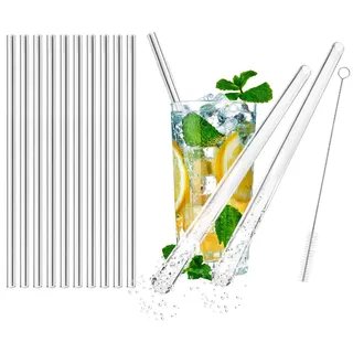 com-four® 10x Glasstrohalme spülmaschinenfest und wiederverwendbar - Glas Strohhalme für Cocktails - Trinkhalme Glas mit Reinigungsbürste - Glastrinkhalm umweltfreundlich - 23 cm
