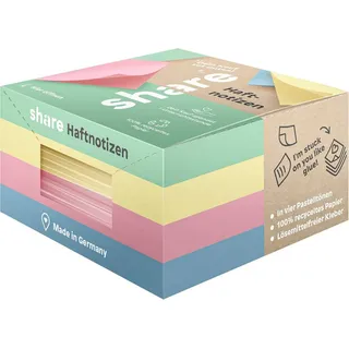 Share Etikettenblock Haftnotiz 4-0017 75 mm x 75 mm Pastell-Gelb, Pastell-Rosa, Pastell-Blau, Paste