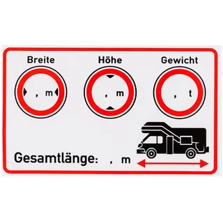 Aufkleber Set für Wohnwagen Cockpit, 2 Stück, 10 x 6 cm, beschreibbare und selbstklebende Folie, Camper Van Hinweis Klebesticker Fahrzeugmaße Länge x Breite x Höhe x Gewicht, Wohnmobil Zubehör Sticker