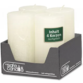DecoLite Stumpenkerzen Rustic 140/70 mm wollweiß 4er Set Safe Candle | 4 Stumpenkerzen, 14 x 7 cm, ca. 69 h Brenndauer, durchgefärbt, selbstverlöschend, Made in Germany