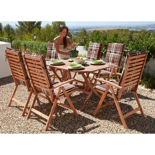 Garten-Essgruppe MERXX "Borkum, TOPSELLER", braun, Obermaterial: 100% Polyester. Füllung: 100% Polyurethan, Sitzmöbel-Sets, Garten-Essgruppe, Eukalyptusholz, FSC Mix, geeignet für 6 Personen, Topseller