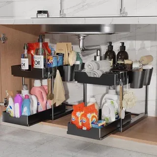 Famanu Unterbauorganizer mit 2 Etagen, 8 Haken und 4 Tassen - Ausziehbarer Küchenschrank-Organizer - 2 Stück schwarz - Schwarz