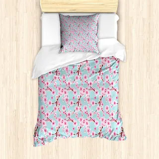 ABAKUHAUS Kirschblüte Mantele, inspirierend Garten, Milbensicher Allergiker geeignet mit Kissenbezügen, 135 cm x 200 cm - 80 x 80 cm, Pale Blue Redwood Rosa - Rosa