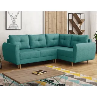 Easy4You Türkis Ecksofa Manstad in L-Form 234x90x160 cm mit Schlaffunktion und Bettzeugbehälter - Schlafsofa mit Bettkasten und Holzfüße - Eckcouch Rechts mit Stauraum - Stoff: Lux 30 - Türkis