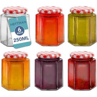 HEFTMAN 250ml Marmeladengläser Klein, 6 Stück - Einmachgläser mit Deckel | Verwendung als Einleggläser, luftdichte Gläser mit rotem Gingham-Deckel für Honig, Kerzenherstellung, Einmachglas Sechseckige
