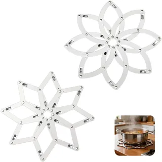 2 Stück Topfuntersetzer Edelstahl Ausziehbar (17-21,5 cm) – Hitzebeständiger Untersetzer Topf & Pfannen – Topfständer Metall Rostfrei & Verstellbar, Küche & Esstisch, Schneeflocke & Blume Design