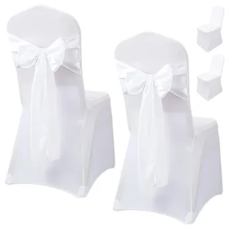2 Stück Stuhlhussen Weiß, Universell Stuhlhussen Hochzeit mit 2 Weiß Schleifen, Waschbar Abnehmbar, Stretch stuhlschleifen, Hussen für Stühle, Stuhlbezüge für Hotel, Bankett, Party und Restaurant