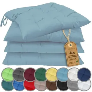 NatureMark 4er Set Stuhlkissen mit Bändern 40x40 cm – Gefüllte Sitzkissen, Outdoor & Indoor – Hell Blau
