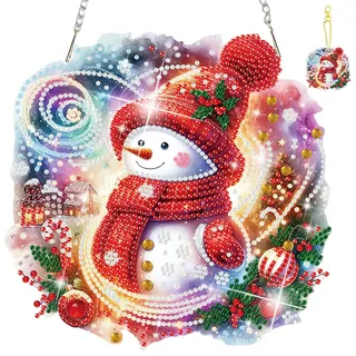 MISCER Diamond Art painting Anhänger Windspiel, Christmas Schneemann Diamond Painting Anhänger mit Kette für Kinder Erwachsene, Hängende Ornament Bastelset Set für Tür Garten Wand Deko
