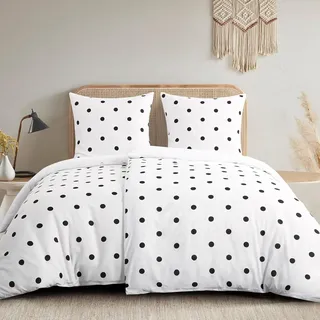 Bettwäsche-Set 135x200cm 4-teilig Weiß Polka Dot Mikrofaser Reißverschluss Bügelfrei - Weiß