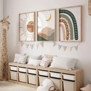 AQCQDQ 3er Kinderzimmer Poster Set, Karikatur Regenbogen Sonne Bilder, Babyzimmer Deko Leinwand Bilder Wandbilder, Boho Babyzimmer Deko Wandposter Für Kinder Junge Mädchen, Ohne Rahmen (50 x 70 CM)
