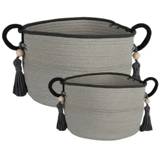 NATURAL LIVING " 2ER-SET BAUMWOLLKÖRBE " HOLZDEKO-GRIFF UND POMPON H22 UND H28CM