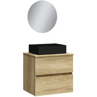 Baikal Badmöbel Onyx Black, 2 Schubladen, Wandmontage, mit Keramikwaschbecken in Mattschwarz, Melamin 16 mm, montiertes Möbelstück, rechteckig/mit Spiegel, 60 cm Nature