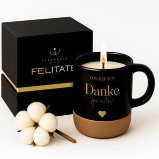 FELITATE Geschenk für Frauen & Männer - 2in1 Duftkerze in Tasse mit Spruch - "Von Herzen danke für alles" - Geschenke zum Geburtstag, Vatertag & Muttertag - Geschenkidee für Kollegen, Freundin & Oma