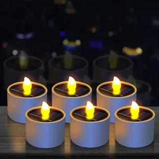 WIYETY 6 Stück Solar Teelichter: Wiederverwendbare Solar Kerzen, Wasserdicht Outdoor Warmweiß Flackernde Wiederaufladbare Solar Kerzen für draußen Garten Partei Balkon Party Hochzeit Festival Deko