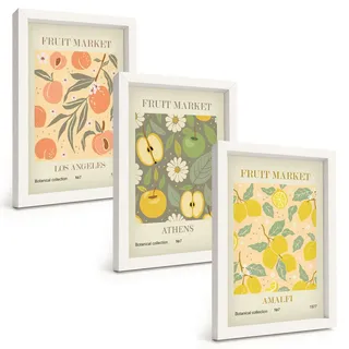 Tulup Bilder SET 3er Set - 20x30 cm Weißer Rahmen - Retro-Poster mit Fruchtmustern , Kunststoff , Rechteckig , 20x30 cm , gerahmt , Bilder & Rahmen, Bilder