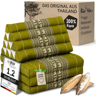 livasia Thaikissen mit 3 Auflagen - 175x50x8cm - Dreieckskissen mit Klappmatratze, Keilkissen Kapok, Rückenkissen faltbar, Thaimatte zum Klappen, handgefertigt, Meditationskissen (Grün/Elefanten)