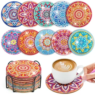 WuGU 10 Stück Diamond Painting Untersetzer Mit Halter, Diamant Tassenuntersetzer, Diamond Painting Erwachsene zum Basteln,DIY Mandala Untersetzer rutschfest für Anfänger, Erwachsene & Kinder