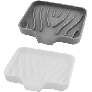 2 Stück Silikon Seifenschale mit Ablauf,Seifenschale Dusche, Seifenhalter Badewanne,Seifenablage Waschbecken,Seifenschalen für Badezimmer,Küche & Zähler (Weiß + Grau) mit 1 Beutel mit Kordelzug