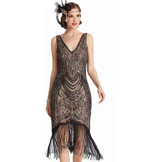 BABEYOND Flapper-Kleider im Stil der 1920er-Jahre, V-Ausschnitt, Perlen und Fransen, Great Gatsby Kleid, Schwarz Apricot, Mittel