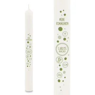 GRAVURZEILE Bedruckte Stabkerze - Kreise - Personalisiert mit Name & Datum - Geschenk zur Taufe, Kommunion oder Konfirmation - Für Jungen & Mädchen - Altarkerze 400/40 mm - Farbe: Grün