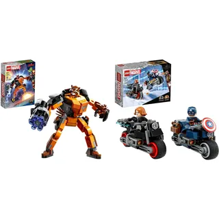 LEGO Black Widows & Captain Americas Motorräder Marvel & 76243 Marvel Rocket Mech, Spielzeug-Action-Figur des Waschbär Avengers aus Guardians of The Galaxy mit Sammelfiguren für Kinder ab 6 Jahren