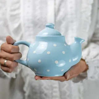City to Cottage® - Teekanne Kaffeekanne für 2 Tassen | Hellblau und Weiß | Polka Dots | Handgemacht | Teekanne Keramik Geschirr | 750 ml