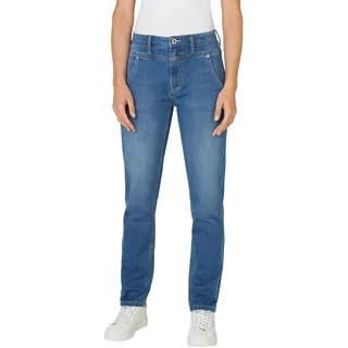 Pepe Jeans Tapered-fit-Jeans PEPE JEANS "TAPERED GYMDIGO MW CAREY", Damen, Gr. 27, Länge 32, blau, Denim/Jeans, Obermaterial: 86% Baumwolle, 12% Polyester, 2% Elasthan, gerade, unten schmal, Jeans Tapered-fit-Jeans, mit Passe vorn