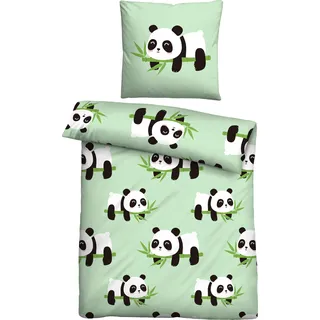 Bettwäsche 135x200/80x80cm 2-teilig Panda – Microfaser Satin, Kinderbettwäsche mit Motiv, weich, pflegeleicht & hautfreundlich - Grün