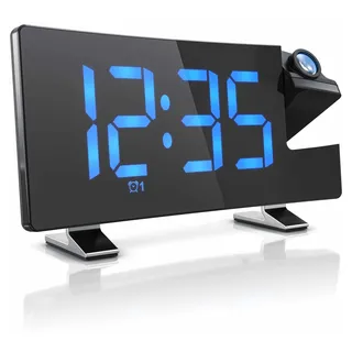 Bearware Digitaler Wecker, Projektionswecker, Wecker mit Projektion, Dimmer, 15 FM Radiospeicher, große blaue Ziffern, Snooze 5-60 min. Projektions Radio Wecker digital, 7 Tasten, 2 Weckalarme, USB Kabel - Schwarz