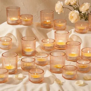 Glasseam Gold Teelichthalter Glas: 24er Set Gerippt Teelichtgläse | 2 Größen Bulk, Dickeres Glas, Für Teelichter, Votivkerzen, Tischdeko, Weihnachten, Hochzeit Deko