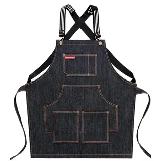 Watwass Jeans Schürze Herren Kochen Grillen mit Tasche Baumwolle Kittel-schürze Damen Restaurant Café Bäckerei