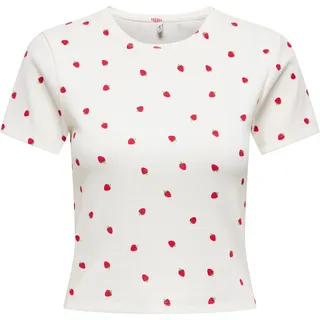 Kurzarmshirt ONLY "ONLFENJA LIFE SS AOP TOP JRS NOOS", Damen, Gr. XS, rot (cloud dancer aop:strawberry love), Jersey, Obermaterial: 95% Baumwolle, 5% Elasthan, bedruckt, regular fit normal, Rundhals, Shirts Kurzarmshirt, Baumwollmischung, Cropped Fit, Rundhals