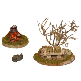 Alfred Kolbe Krippen-Zubehör Lagerfeuer mit Flackerplatine, für 10-12 cm Figuren, Bienenkorb, Katze, bunt