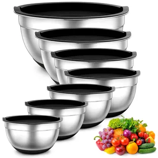 TEAMFAR Rührschüssel 7er Set, Edelstahl Schüssel Salatschüssel Set mit Luftdichten Deckel und Silikonboden, Stapelbar & Spülmaschinenfest, 0,7L / 1,2L / 1,5L / 2,5L / 2,8L / 3,5L / 6,5L, schwarz