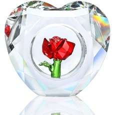 H&D HYALINE & DORA Kristallrote Rosen-Ornament, Glasblume, Sammlerstück mit Rose, eingebettet in Herzkunstwerk, Blüten-Briefbeschwerer für Zuhause, Hochzeitsdekoration