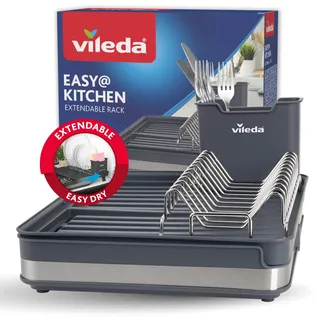 Vileda Abtropfgestell Geschirr - Platzsparendes Design mit Besteckhalter - Geschirrablage ausziehbar, Rostfrei & Langlebig - Perfekt für Teller, Gläser & sonstiges Besteck