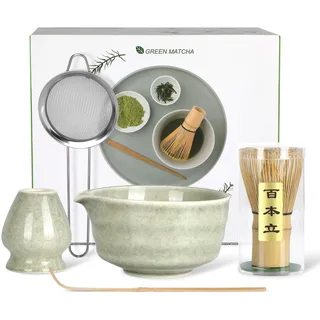 Matcha Set Komplett, Keramik Matcha Schale mit Ausgießer, Bambus Matcha Besen, Keramik Besenhalter, Bambuslöffel & Pulversieb - Traditionelles Teezeremonie Set, Ideales für Matcha-Liebhaber
