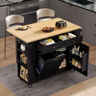 Flieks Servierwagen Küchentrolley mit Arbeitsplatte Klappbar, Speisewagen mit Abfallbehälterfach und Ladefunktion, 120x40-70x92 cm, Schwarz - Schwarz