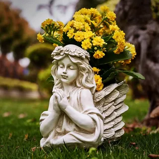 Floryden Betende Engelsbüste Gartenstatue Pflanzgefäße, Engelsflügel-Pflanzgefäße, Mini-Vase für Terrasse, Rasen, Hofkunst, Friedhofs-Grabdekoration, Kunstharz, klassisch, antik, 21 cm H