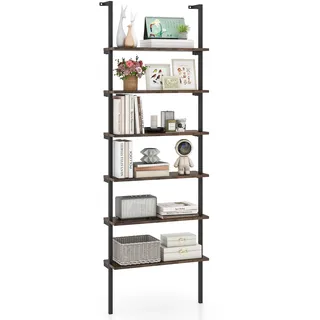 FANTASK 6-stöckiges Leiterregal, 60 x 20 x 183 cm, industrielles Bücherregal mit Metallrahmen, offenes Standregal, Ausstellungsregal für Wohnzimmer, Schlafzimmer & Heimbüro (braun)