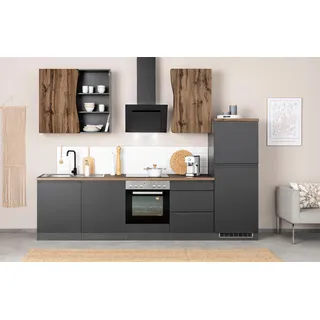 Küchenzeile KOCHSTATION "KS-Bruneck", küche: grau, front: wotaneiche, grau matt, korpus: grau matt, arbeitsplatte: wotaneichfarben, B:300cm H:200cm T:60cm, Komplettküchen-Sets, Küchenzeile, 300cm breit, wahlweise mit oder ohne E-Geräte, hochwertige MDF-Fronten