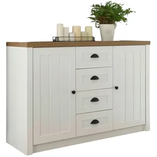 furn.design Sideboard weiß Pinie und Eiche hell Landhaus Kommode 130 x 88 cm - Weiß, Naturbelassen