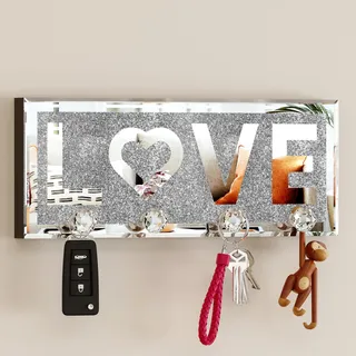 SHYFOY Schlüsselbrett Home, Schlüsselboard Silber mit 4 Kristall Haken, Gespiegelt Schlüssel Aufbewahrung, Schlüsselhaken Modern, Schlüsselhalter Wand, Key Holder Wall, Wanddeko Flur