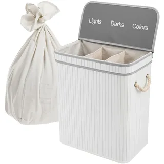 Relaxdays Wäschekorb mit Deckel, 3 Fächer, Bambus, 105 l, faltbar, HxBxT: 63 x 52 x 32 cm, Wäsche Sortiersystem, weiß