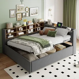 Polsterbett Schlafsofa 140x200, Doppelbett mit Staufach&Nachtlicht&Ladestation, Tagesbett mit Hydraulischem Stauraum & Lattenrost, Funktionsbett Stauraumbett Gästebett Jugendbett, Ohne Matratze, Grau - Dunkelgrau